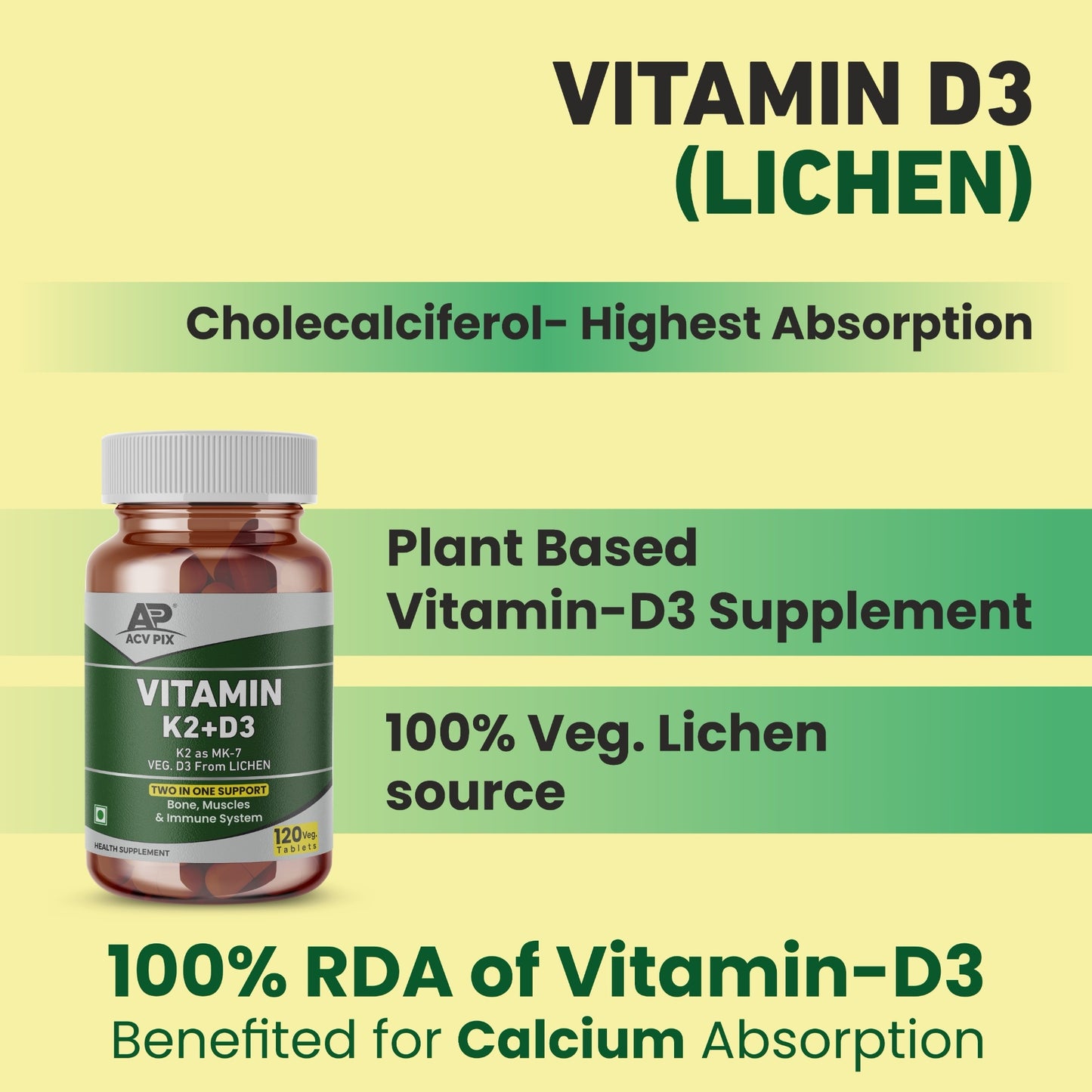 Vitamin D3 K2 Supplement | D3 from veg Lichen Source & K2 as a MK-7